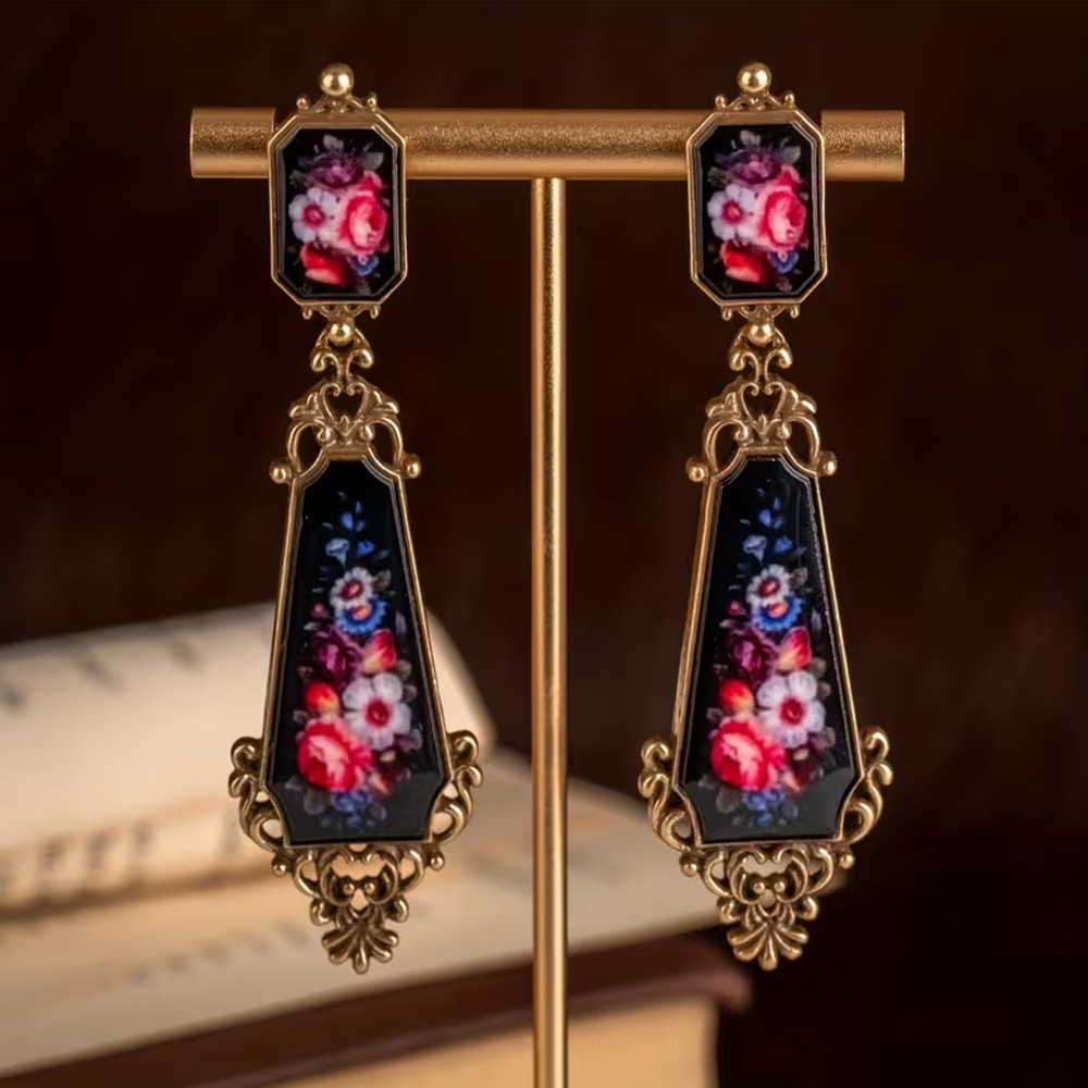 Vintage Floral Dangle Earrings Antique Gold Tone Pink Rose Statement Boho